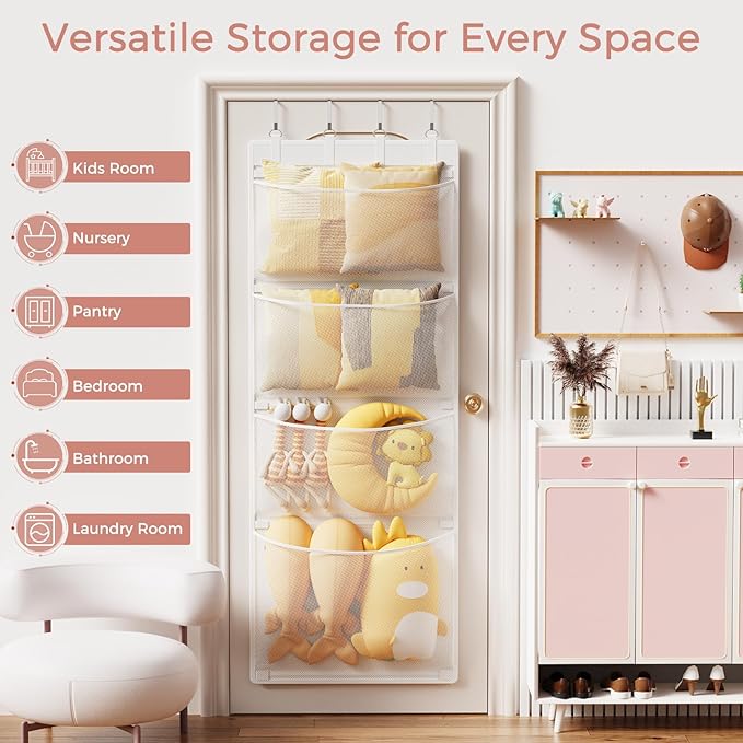 Criusia Stuffed Animal Storage, Over The Door Organizer with 4 Mesh Pockets, Toy Organizers and Storage for Nursery, Baby Sup