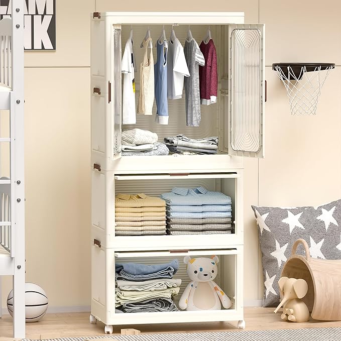 Portable Wardrobe Storage Cabinet,Closet Organizer with Magnetic Doors and Wheels, Portable Kids Closet with Hanging Rod&10 p