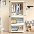 Portable Wardrobe Storage Cabinet,Closet Organizer with Magnetic Doors and Wheels, Portable Kids Closet with Hanging Rod&10 p