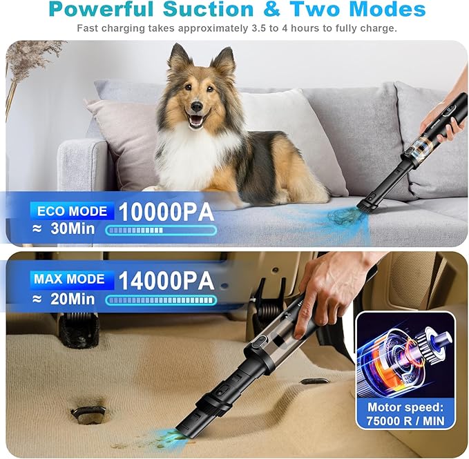 Car Vacuum, Handheld Vacuum Cordless with 14000PA Powerful Suction with LED Light, Air Duster 2-in-1,Low Noise Rechargeable P