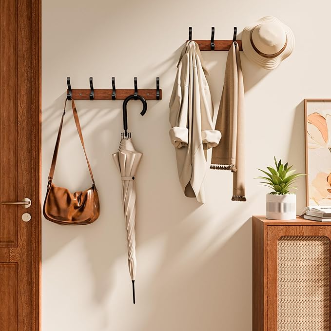 Solid Wood Wall Mounted Coat Rack, Heavy Duty 5 Hook Wooden Hanger with Metal Hooks for Hanging Hats, Coats, Towels, Backpack