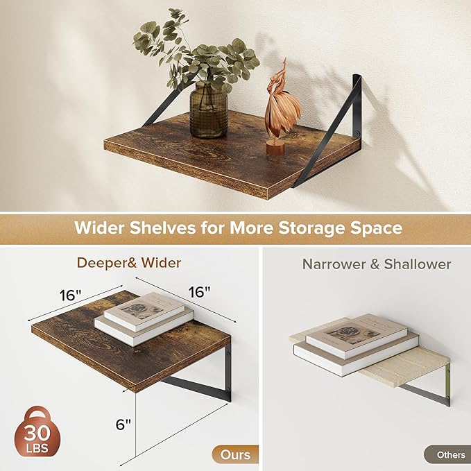 Deep Floating Shelves Wall Mounted, 16"x12" Brown Wood Shelves with Brackets Set of 2 for Bedroom, Living Room, Bathroom, Kit