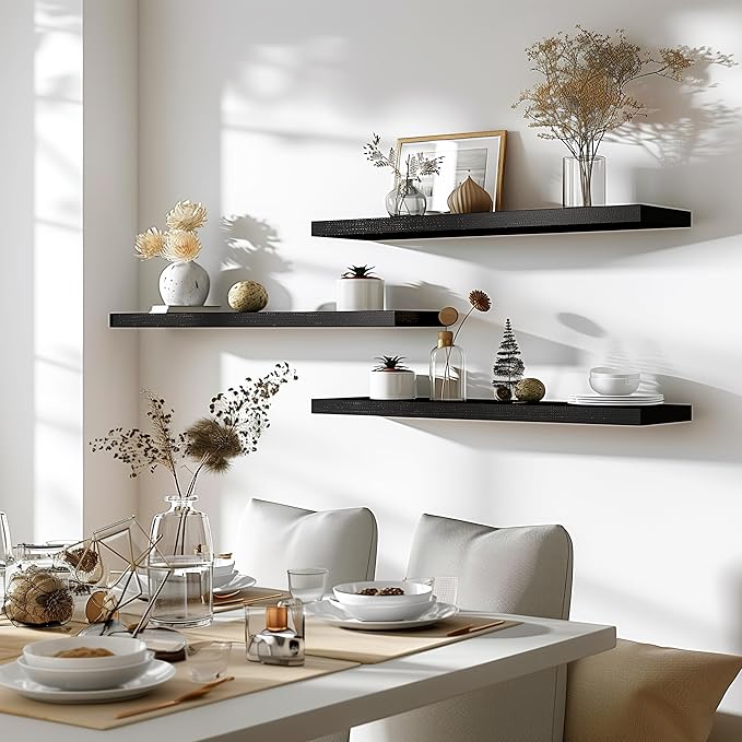 36 Inch Floating Shelves for Wall Rustic Black Wood Wall Shelves for Bedroom Set of 4