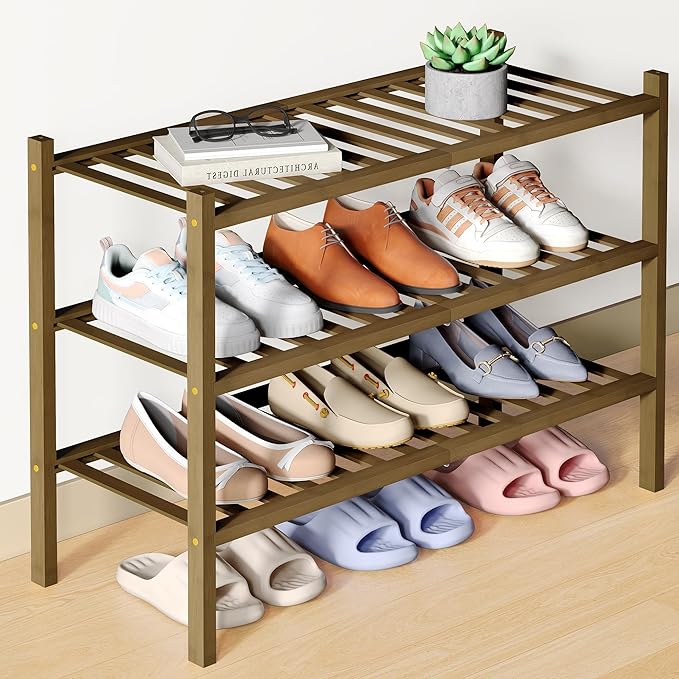 Smiry Bamboo Shoe Rack for Closet, 3 Tier Wooden Stackable Shoe Organizer, Free Standing Shoes Storage Shelf for Entryway, Fr