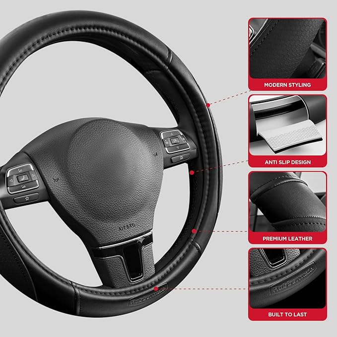 Rubbermaid Steering Wheel Cover – Universal Fit 14.5"–15" Steering Wheel Cover, Anti-Slip Grip, Breathable Leather, All-Seaso