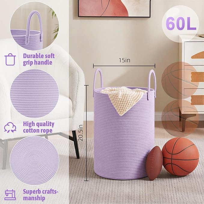 Artfeel Laundry Basket,Woven Cotton Rope Laundry Hamper,60L for Decorative Storage of Dirty Clothes,Toys and Blankets in Bath