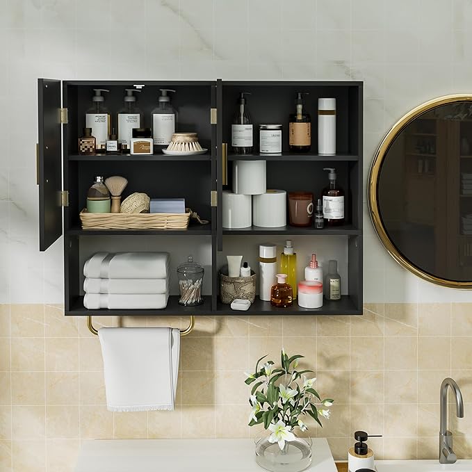 Bathroom Wall Cabinet Wood Large Wall Mounted Medicine Cabinet with 2 Doors and 4 Open Shelves Over Toilet Storage Cabinet Or