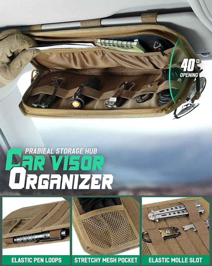 LIVANS Tactical Car Sun Visor Organizer, Automotive Semi-Rigid MOLLE Panel with Zipper Storage Pouch & Glasses Clip, Universal Fit for Trucks, SUVs, Jeeps & Patrol Vehicles (Khaki)