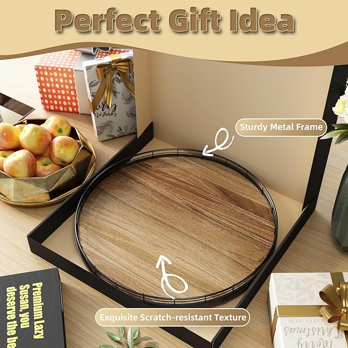 Acacia Wood 18" Lazy Susan Turntable Organizer for Table Top, Farmhouse Large Round Lazy Susan for Cabinet Kitchen Centerpiec