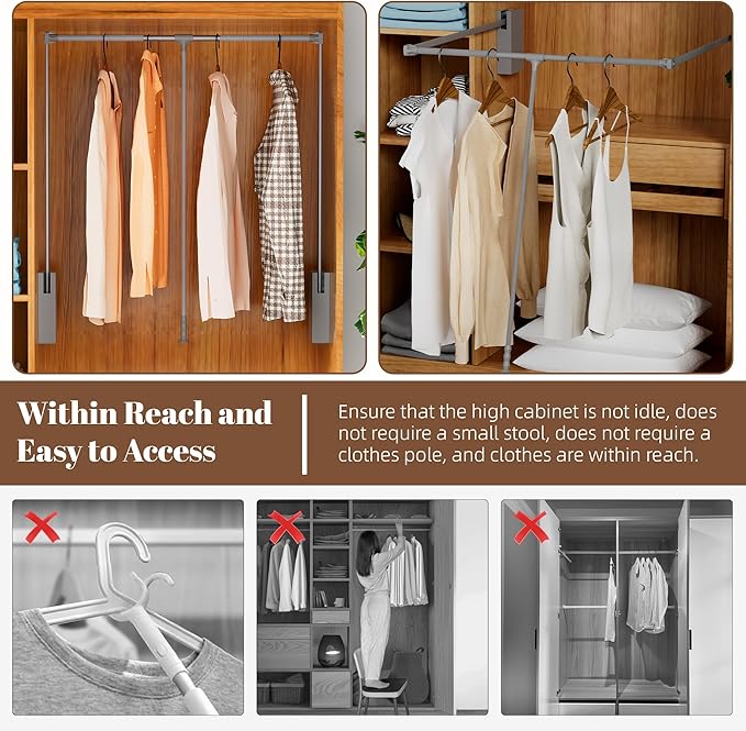 Nisorpa Pull Down Closet Rod, Adjustable 35-47 Inch Aluminium Soft-Close Wardrobe Lift Rail Organizer for Hanging Clothes, Tw