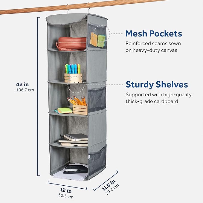 ZOBER Hanging Closet Organizer, 5-Shelf - Hanging Storage Organizer Shelves for Clothes, Towels, Toys - College Dorm Room, Nu