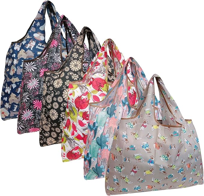 allydrew Large Foldable Tote Nylon Reusable Grocery Bags, 6 Pack