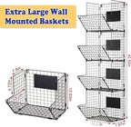 X-cosrack Metal Wire Basket Wall Mount, 4 Tier Extra Large Wall Storage Basket Organizer with Chalkboards, Kitchen Fruits and