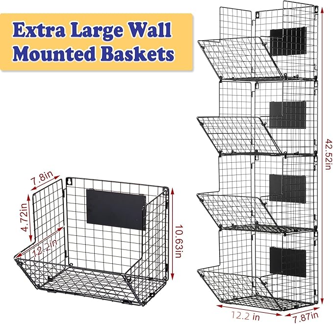 X-cosrack Metal Wire Basket Wall Mount, 4 Tier Extra Large Wall Storage Basket Organizer with Chalkboards, Kitchen Fruits and
