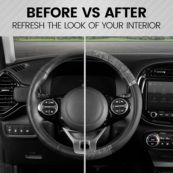 BDK Chrome Wood Grain Black & Gray Steering Wheel Cover for Cars, Trucks, Van, SUVs - Elegant and Comfortable Grip Accessorie
