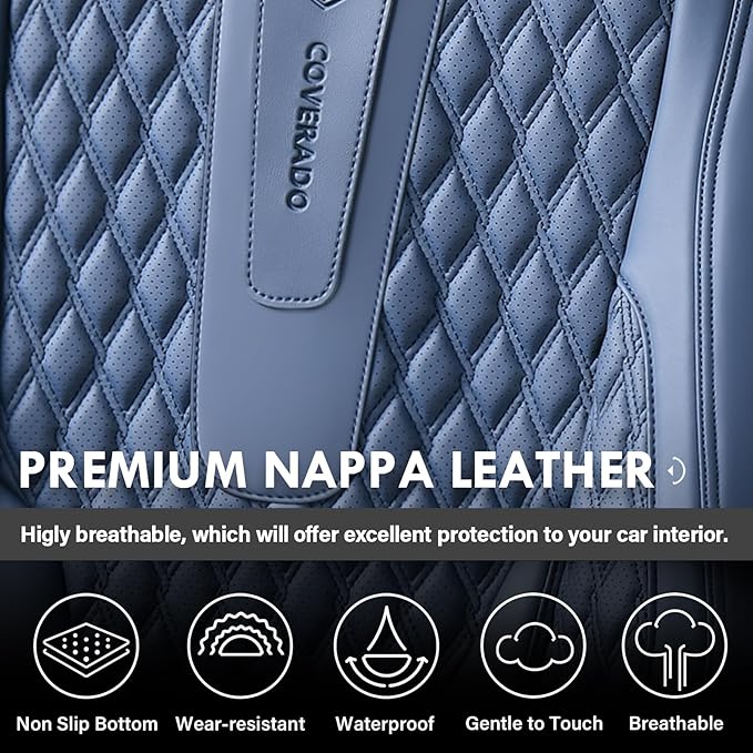 Coverado Car Seat Covers Full Set, Nappa Leather Seat Covers for Car, Waterproof Car Seat Protector with Lumbar Support, Auto