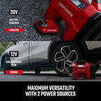 CRAFTSMAN Inflator/Vacuum/Blower 3-IN-1,Tire Inflator Portable Air Compressor with LED Light,Quiet Car Vacuum or Blower, 160 PSI for Car RV Truck,12V DC Corded and 20V DC Cordless,Tool Only