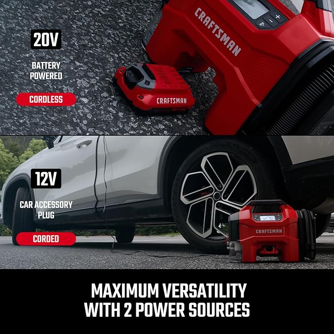 CRAFTSMAN Inflator/Vacuum/Blower 3-IN-1,Tire Inflator Portable Air Compressor with LED Light,Quiet Car Vacuum or Blower, 160 PSI for Car RV Truck,12V DC Corded and 20V DC Cordless,Tool Only