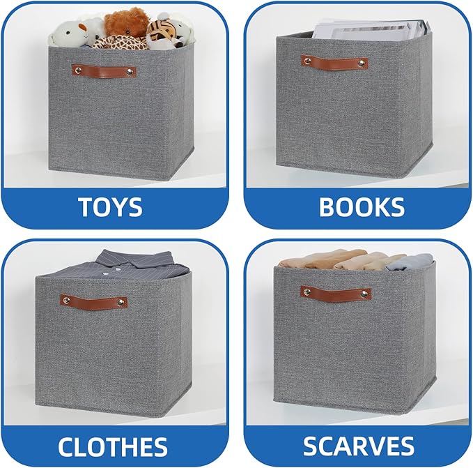 Temary 12x12 Storage Cube Bins 4 Pack Fabric Storage Cubes Storage Bins with Leather Handles, Storage Baskets Foldable Cube O