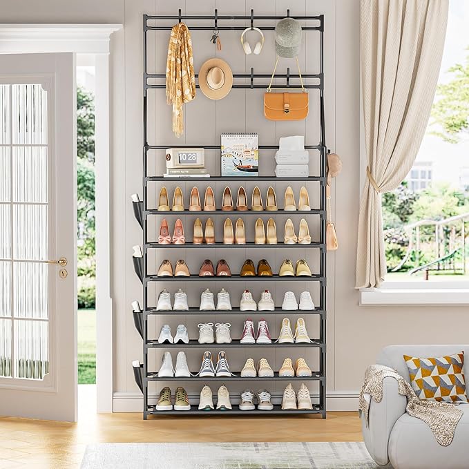 OYREL Shoe Rack 8 Tier Large Shoe Organizer Storage 32-40 Pairs Metal Shoe Storage Rack with Hooks and Side Pocket for Entran