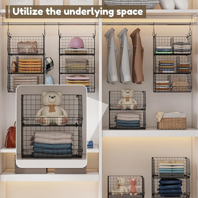Jautokerdar 4 Tier Hanging Closet Organizer with Dividers,Extra Large Storage Hanging Shelf with 5 S Hooks 4 Dividers,Hang on