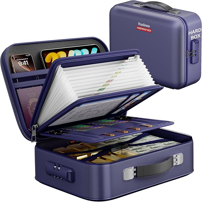 Fireproof Document Box, Hard Case Fireproof Box with Lock, Portable Hard-Shell Fireproof Water Resistant Document Safe for Im