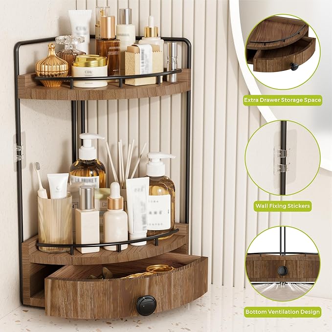 2-Tier Corner Bathroom Counter Organizer with Drawer & Embedded Screw Holes - Wooden Countertop Organizers for Skincare, Make