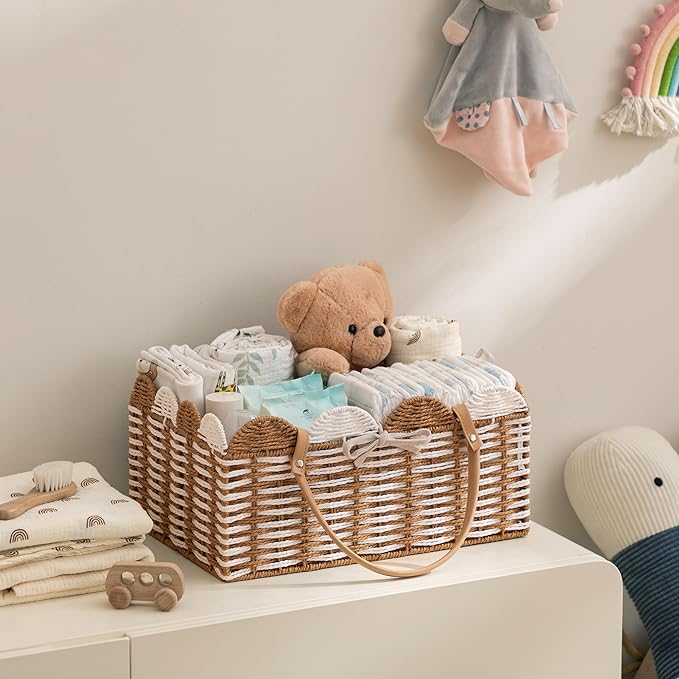 HBlife Baby Diaper Caddy, Paper Rope Storage Baskets Nursery Bin with Removable Divider, Portable Car Organizer for Diapers, 