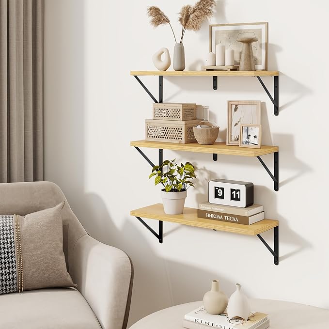 Book Shelf for Wall, Oak Shelf, Floating Shelves with Brackets, 24 inch Wall Shelves Set of 3, Particle Board Shelving for Ki