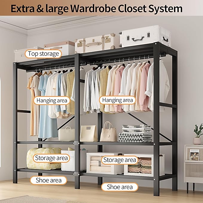 Heavy Duty Clothes Rack with Cover, Portable Wardrobe Closet with Magnetic Door & Black Steel Frame, Foldable Freestanding Ga