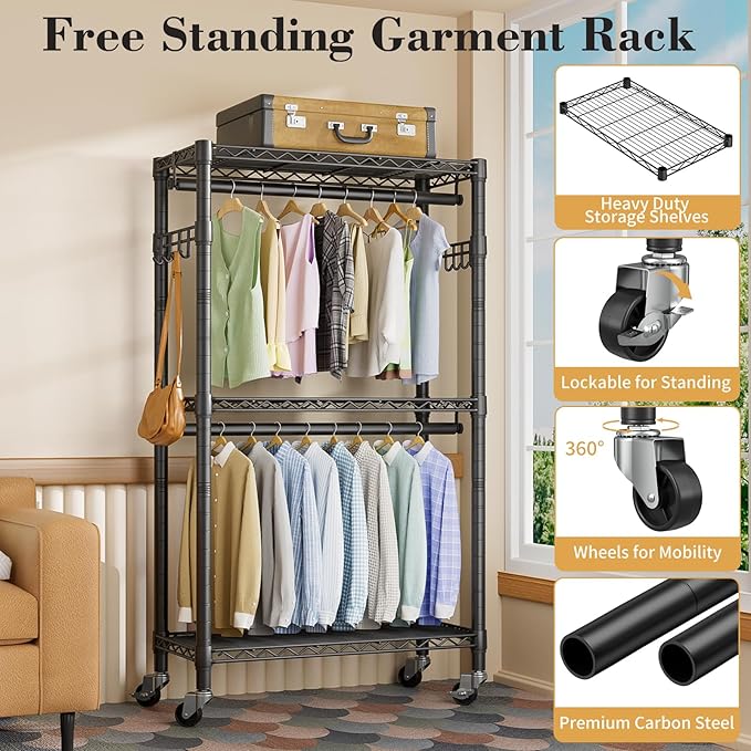 Heavy Duty Clothes Rack Rolling Garment Rack,3 Tier Adjustable Wire Shelving Clothing Racks for Hanging Clothes with Double R