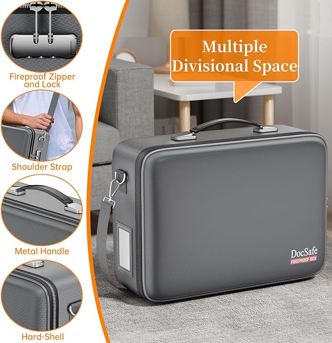 DocSafe Fireproof Document Box with Lock＆Shoulder Strap,Hard Case File Organizer with Accordion File Folder,Multi-Layer Porta
