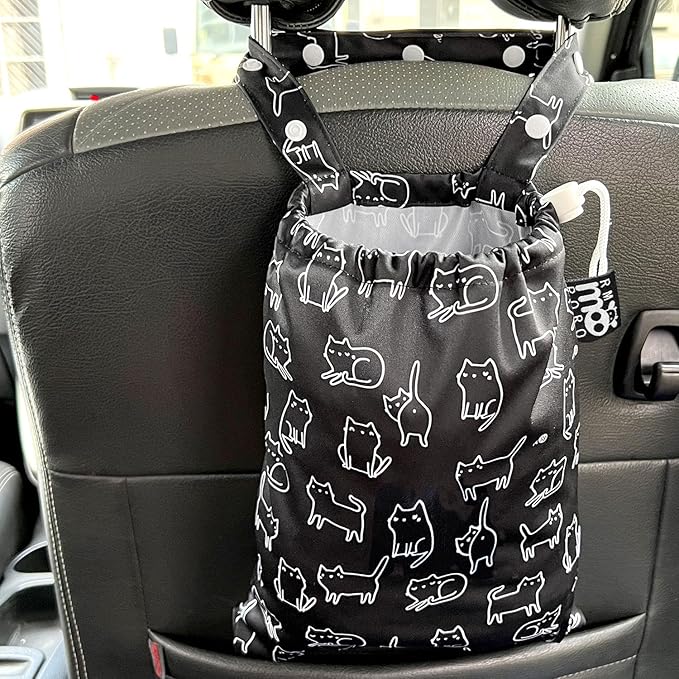 Waterproof Car Trash Bag Reusable Portable Garbage Can with Drawstring Top Adjustable Hanging Strap Leakproof & Washable for Cars SUVs & Trucks (Black Cats)