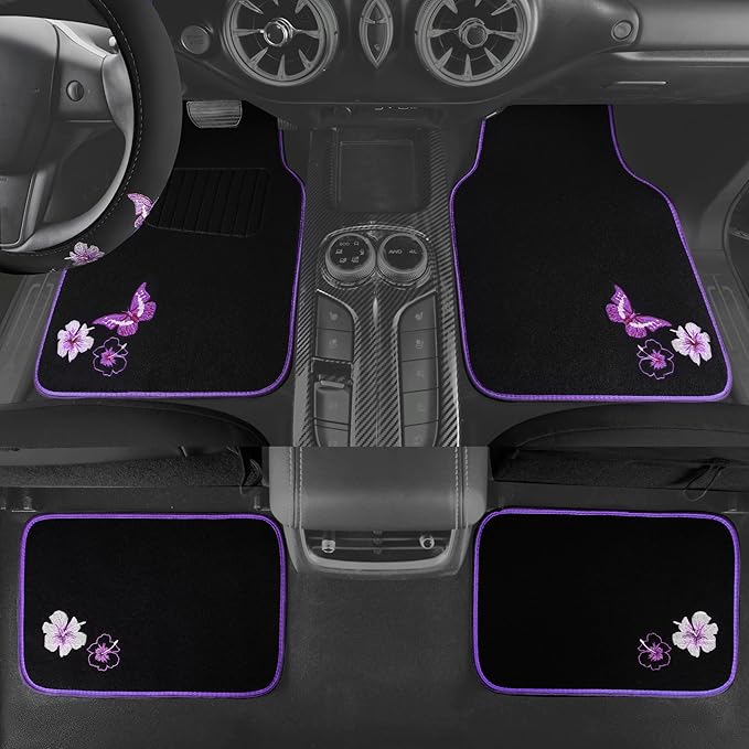 CAR PASS Butterfly Steering Wheel Cover and Waterproof Car Floor Mats,Purple Car Mats 14.5-15inch Steering Wheel Covers Unive
