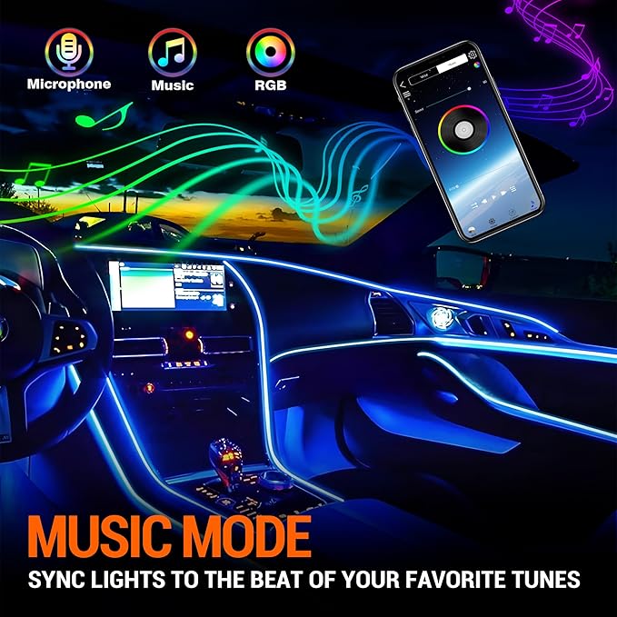 Interior Car LED Strip Lights, RGB 6-in-1 16 Million Colors Ambient Lighting Kit with 390 inches Fiber Optic Wireless APP & Remote Control Music Sync