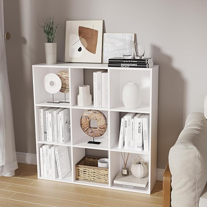 Cube Storage Organizer,Wood Organizer with Open Back,3 Tier Bookcase,Open Bookshelf for Home Office Living Room (White, 9-Cub