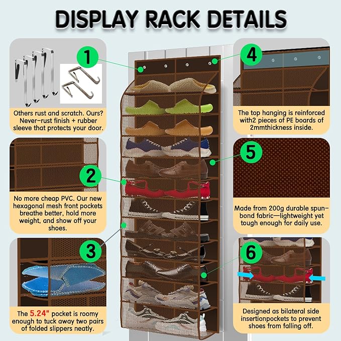 Kotkn Over The Door Shoe Organizer with 12 Large Breathable Pockets - Durable Hanging Storage for the Entire Family's Shoes (