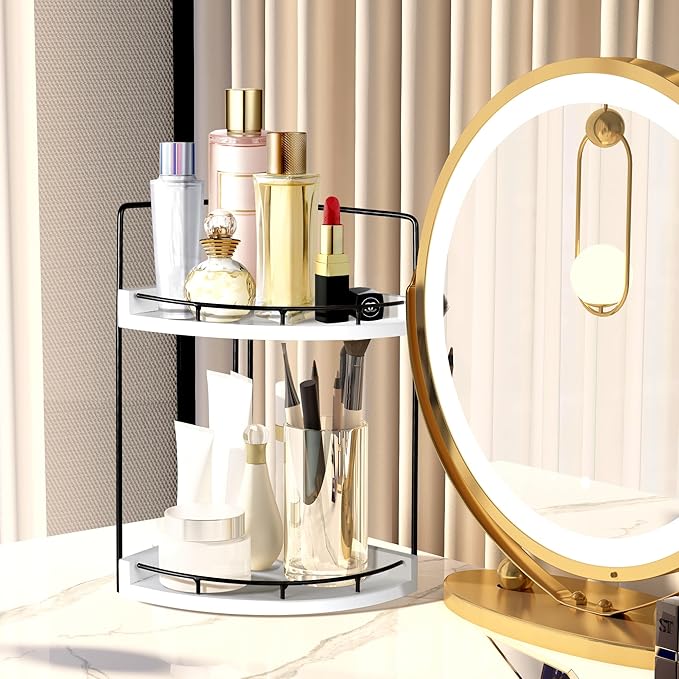 2 Tier Bathroom Counter Organizer, Bathroom Counter Tray and Vanity Organizer, Wood Corner Countertop for Kitchen, Dresser (W