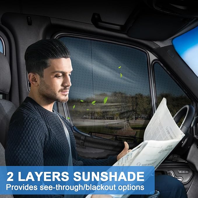 Double Layers Side Window Sunshade Magnetic Bug Screen for Front Doors, Pair Window Bug Screen & Sunshade Curtain Compatible with Mercedes Sprinter 2007-2025