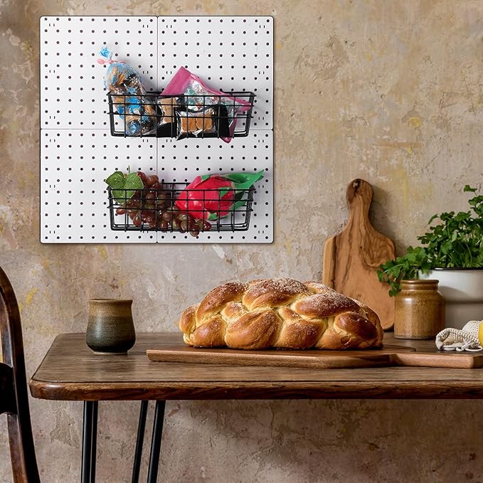 Sieral 4 Pcs Large Pegboard Baskets Set 12 x 6.5 x 4 Inch Black Metal Wire Baskets Peg Board Organizer Accessories Wall Mount