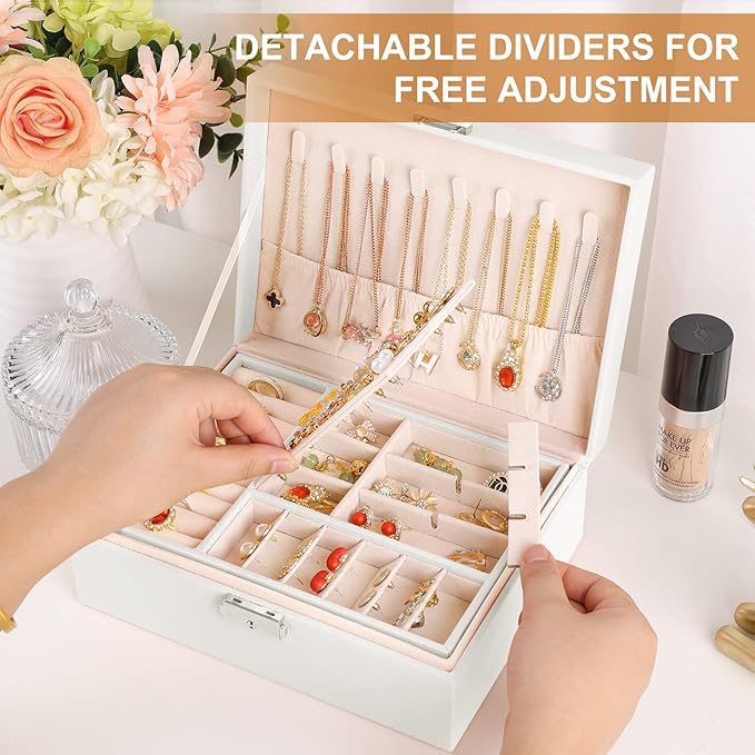 Jewelry Box Organizer for Women Girls 2 Layer Leather Travel Jewelry Storage Case with Lock and Removable Tray for Necklace E