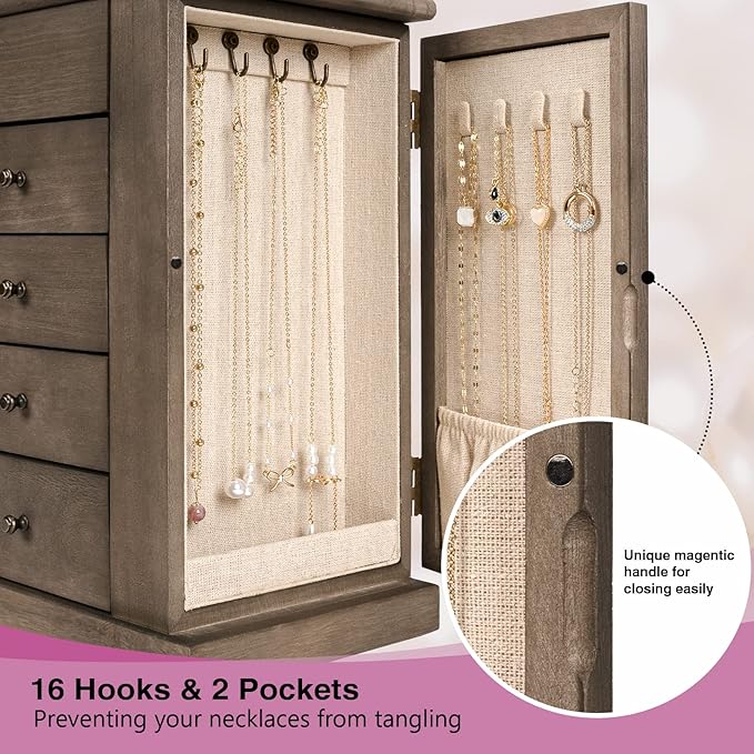 Emfogo Jewelry Box for Women, 5 Layer Large Wood Jewelry Boxes & Organizers for Necklaces Earrings Rings Bracelets, Rustic Je