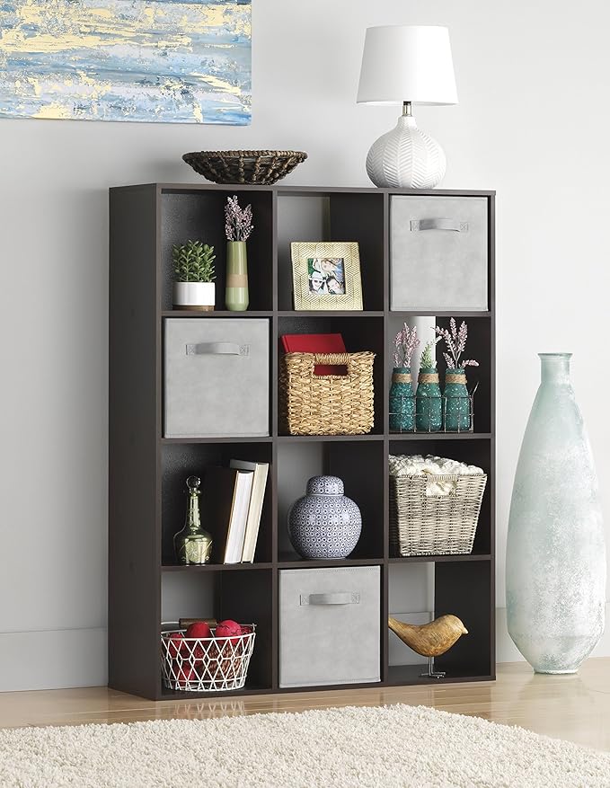 Whitmor 12 Cube Bookcase, 4 Tier Stackable MDF Bookself, Open Storage Display Organizer, Storage Cabinet for Living Room, Bed
