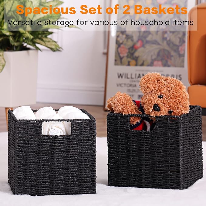 Vagusicc Storage Basket, Set of 2 Hand-Woven Storage Baskets for Organizing with Handles, Foldable Cube Storage Baskets Bins 