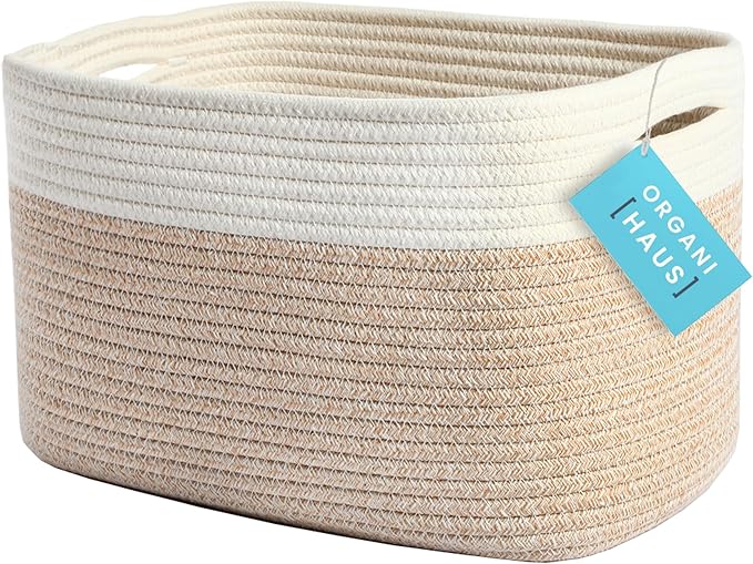 OrganiHaus Cotton Rope Basket for Shelf - Woven Storage Basket for Organizing, Closet & Toy Storage - Light Honey/Off-White -