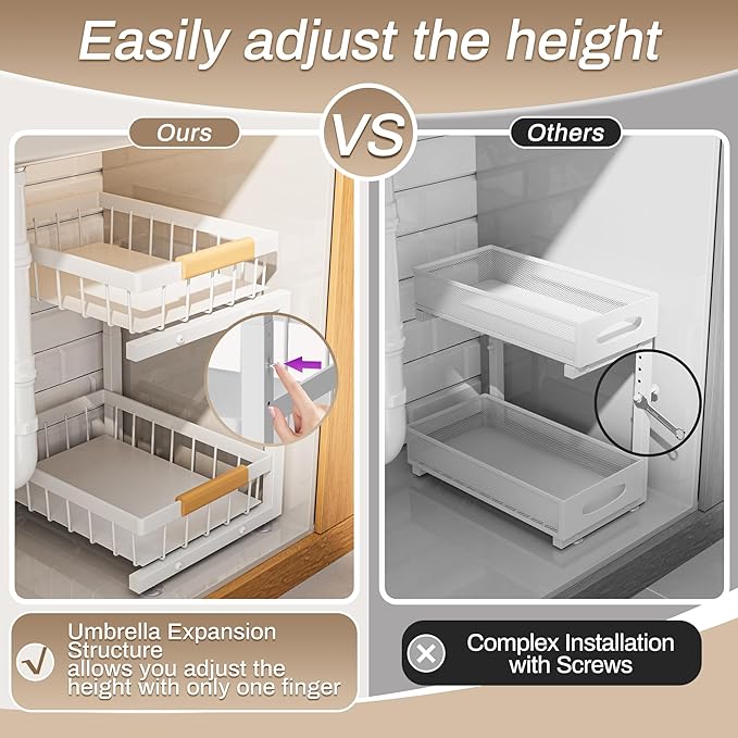 ADBIU Under Sink Organizer 2 Pack, Adjustable Height (11"-15.75") Under Cabinet Storage, 2 Tier Pull Out Sliding Drawers for 