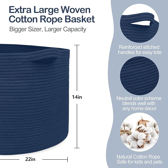 MEGASKET Dark Blue Basket for Organizing, 22" x 14" Extra Large Woven Cotton Rope Laundry Basket, Blanket Storage for Living 
