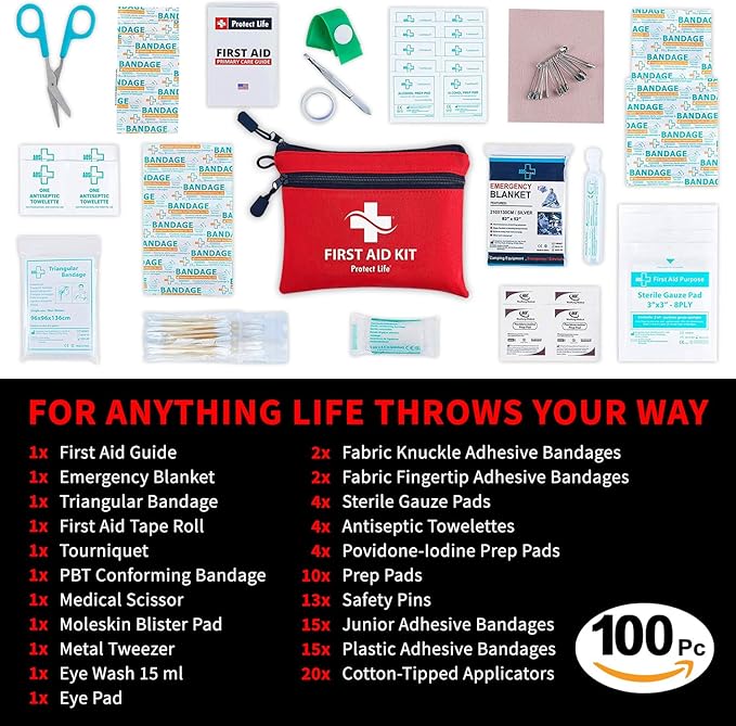 Protect Life First Aid Kit, Travel First Aid Kit for Car, 100 Piece Compact Emergency Preparedness Starter Kit for Home, Offi