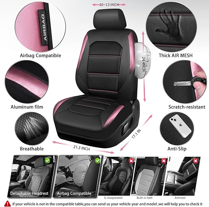 CAR PASS Memory 3D Foam Car Seat Covers Full Set, Breathable Mesh Thick Seat Covers for Car, Pink Metal Film Leather Seat Cov