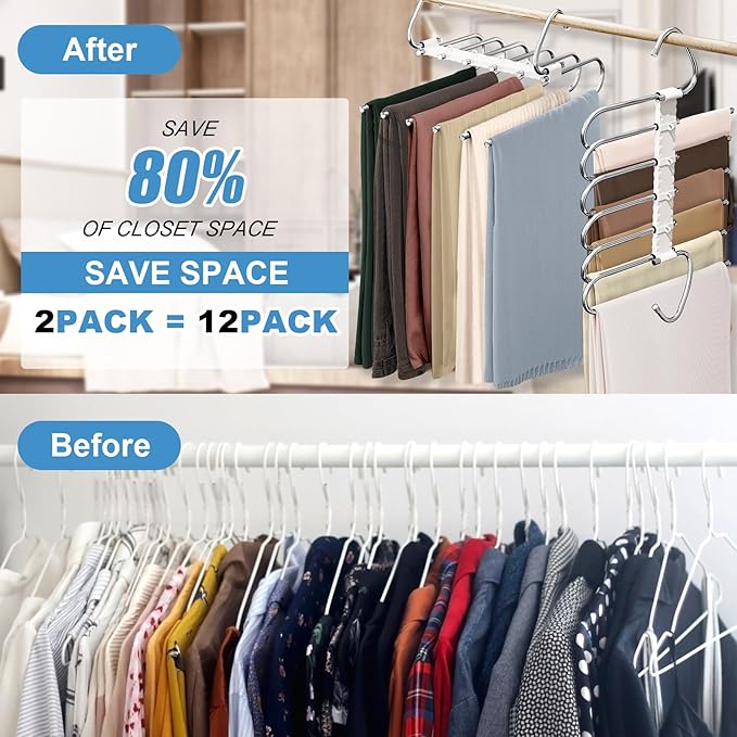 Upgrade 6 Layers Pants Hangers Space Saving, 2 Pack Non Slip Stainless Steel Multifunctional Pants Rack S-Type Pant Closet Ha